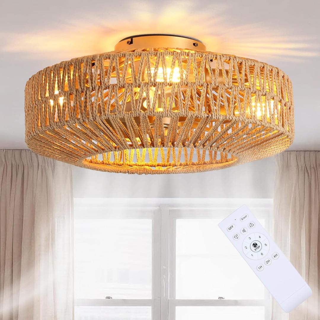 20'' Boho Gold-Colored Rattan Fandelier with Light & Remote - Flush Mount Low Profile, Woven Caged Enclosed Ceiling Fan, 6 Speeds Reversible for Bedroom/Living Room