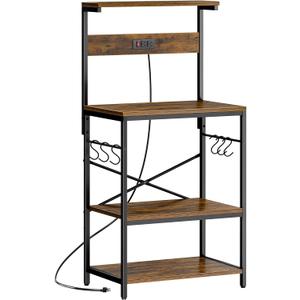SUPERJARE Kitchen Bakers Rack with Power Outlet, Coffee Bar Table 4 Tiers, Kitchen Microwave Stand with 6 S-shaped Hooks, Storage Shelf Rack for Spices, Pots and Pans - Rustic Brown (23.6 inch)