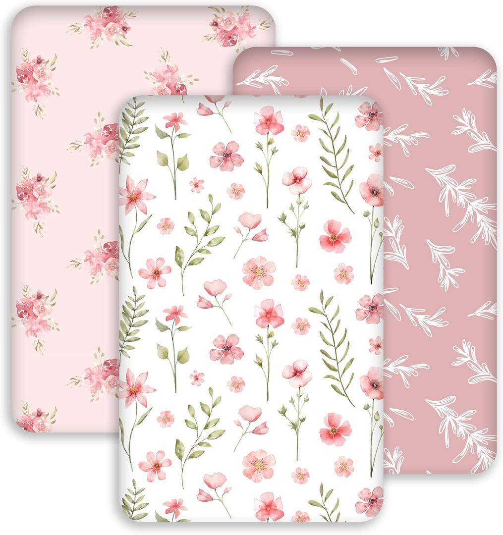 Bassinet Sheets 33x20 for Baby Delight, Newton,Airclub,Maxi Cosi,Angelbliss,Dream on Me,Mika,Harppa,Amke,ezebaby Rectangle Bassinet Mattress - Pink Floral 3 Pack Girl