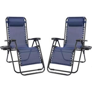 NEWBULIG Zero Gravity Chair Set of 2, Lounge Chair Folding Portable Adjustable Camping Reclining Chairs with Adjustable Pollow, Mesh Back, Cup Holder Trays Lawn Patio Chair for Pool Beach - Blue