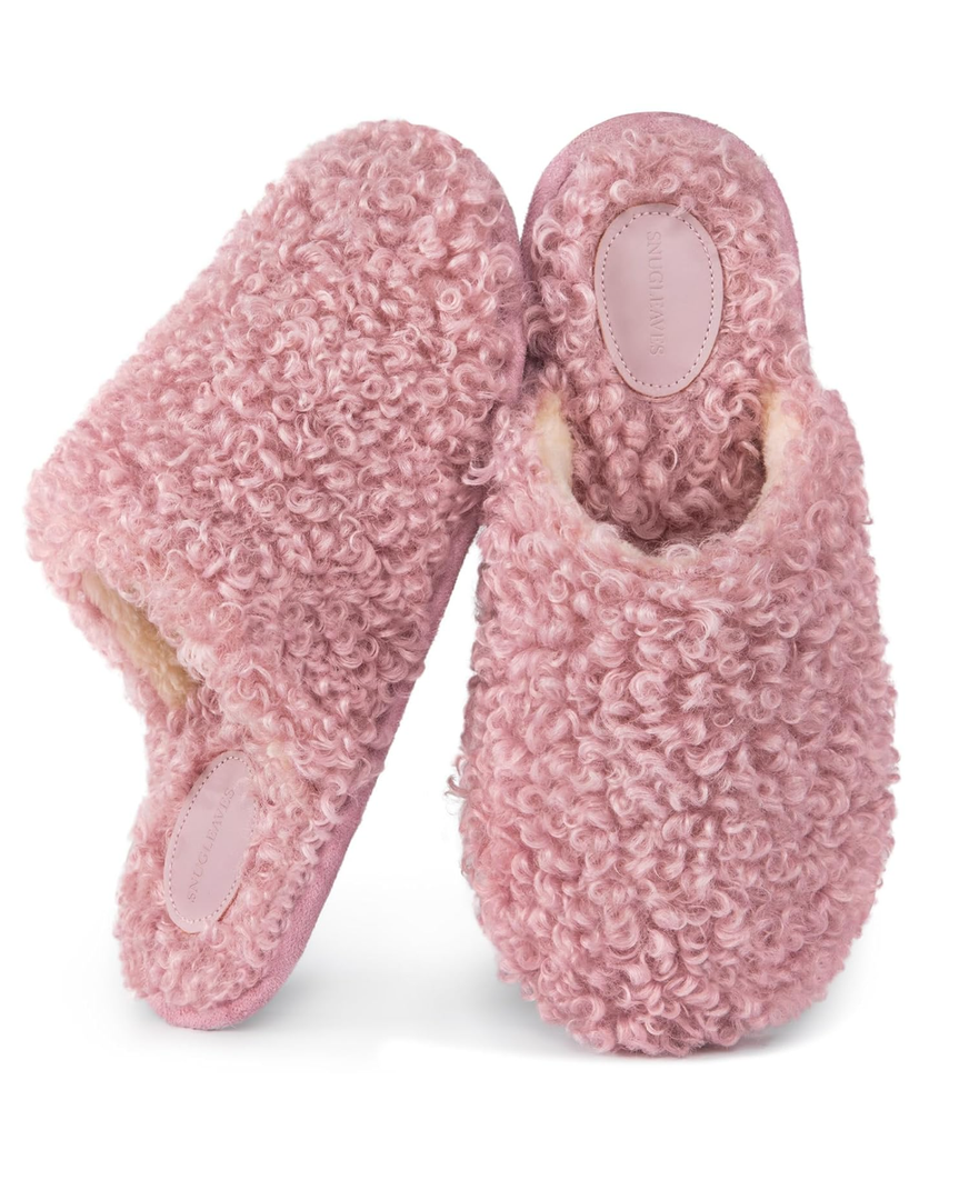 Snug Leaves Women's Scuff Slippers Furry Cute Curly Faux Wool Slip-on Indoor Memory Foam House Shoes, Size 9-10