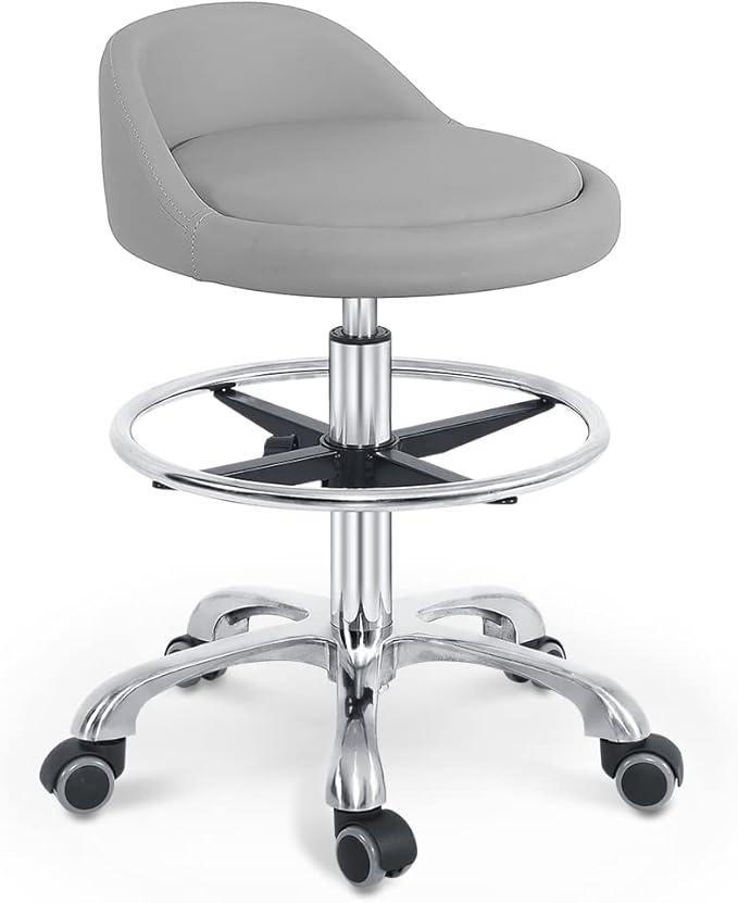 Grace & Grace Rolling Stool with Wheels and Back, Adjustable Heavy Duty Esthetician Chair Stool for Shop, Salon, Office and Home,Kitchen (Without Footrest, Black)