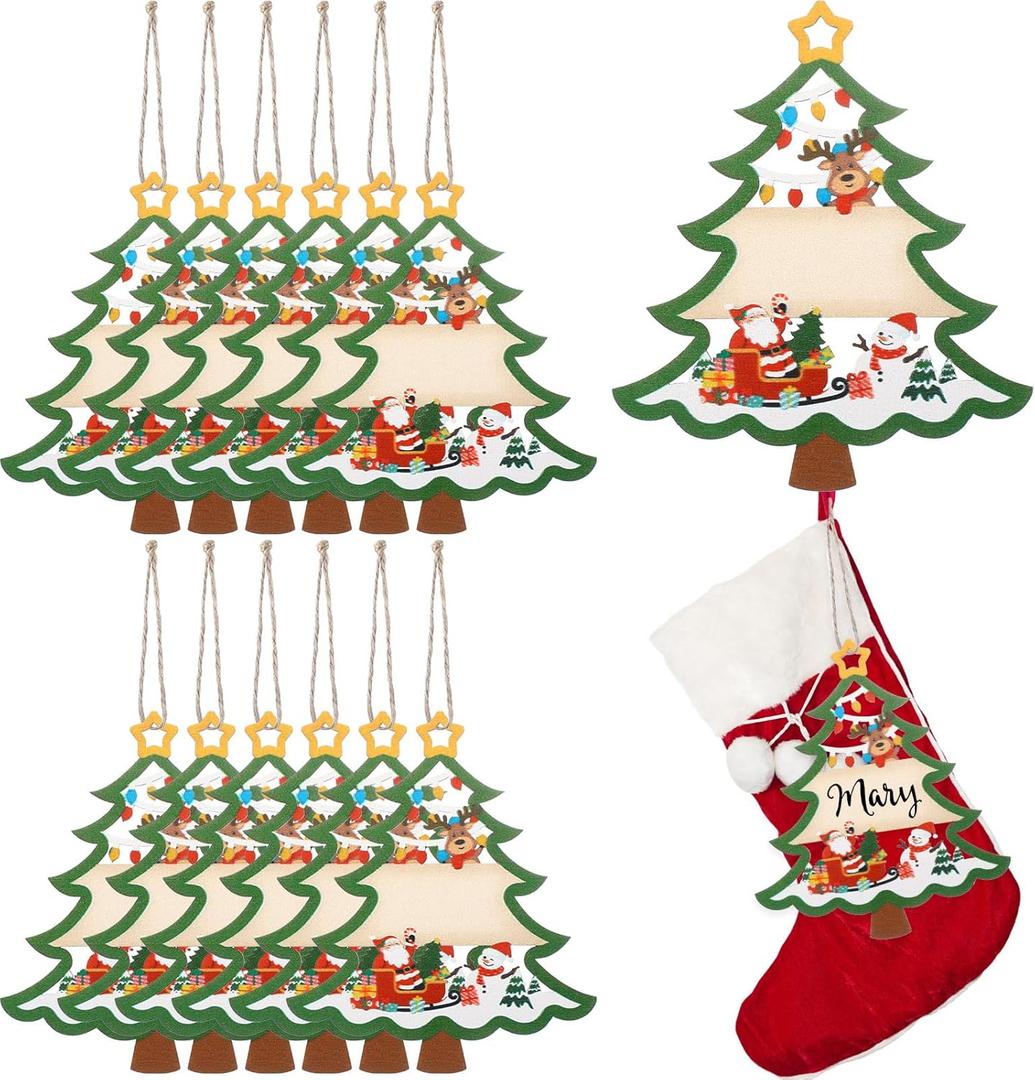 Blosssound 18 Pcs Christmas Stocking Name Tags Xmas DIY Wooden Name Signs Hollow Double Sided Xmas Tree Wood Stocking Tag for Christmas Stockings Home Decor Present Tags Hanging Ornaments (Green)