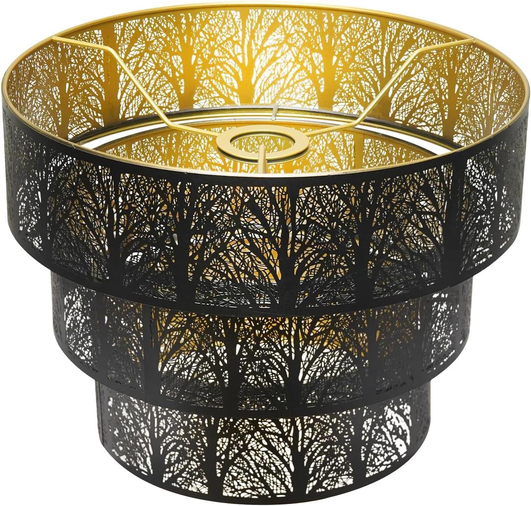 Metal Lamp Shades for Floor Lamps Pendant Lighting Chandelier Replacement, 3-Tier Drum Metal Lampshade with Forest Tree Design, Black Gold Lamphades 13'' Width x 10'' High, UNO Fitter