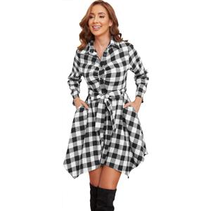 FANCYINN Women Long Sleeve Plaid Pattern Tunic Tops Shirt Casual Dress (Small, B-pleated Front Chest Black White Plaid) XL