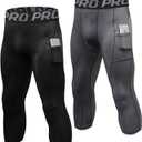 3/4 Compression Pants for Men with Pockets Capri Sports Legging Basketball Running Tights Cool Dry Workout Baselayer (X-Large, 2 Pack:black+grey)