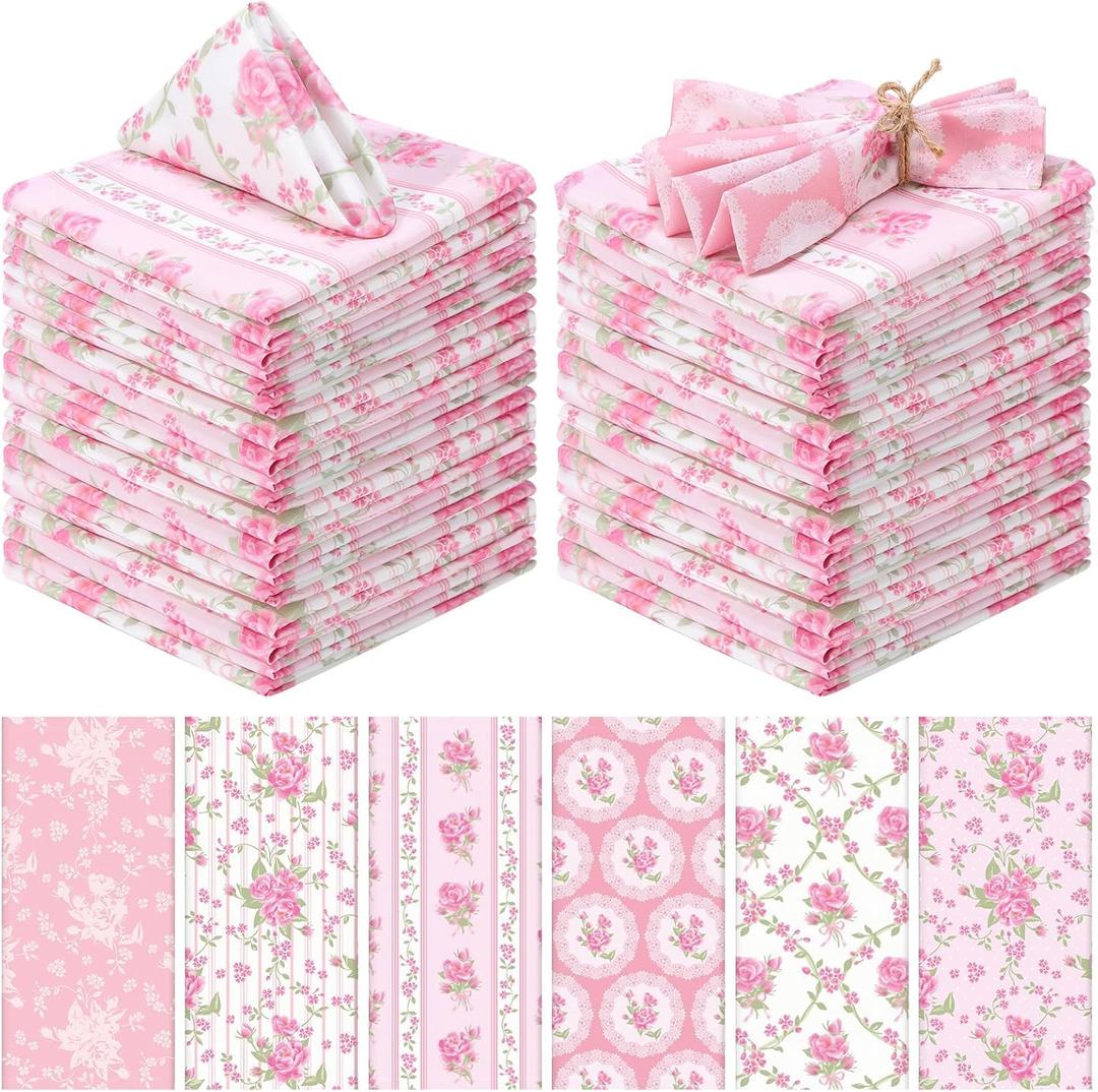 12 Pcs Spring Floral Cloth Napkins 6 Patterns Washable Dinner Tea Party Napkins Reusable Plant Floral Square Napkin Cotton Towel Decorative for Spring Wildflower Party (Pink Flowers)