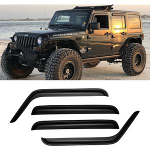 Window Visors for 2007-2018 Jeep Wrangler JK Unlimited 4-Door, Rain Guards Shields Vent Deflector Shade Dark Smoke 08 09 10 11 12 13 14 15 16 17, Tape-On, 4PCS
