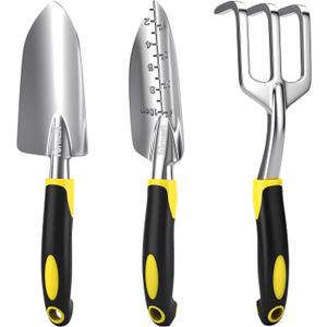 Garden Tool Set, 3 Pack Aluminum Heavy Gardening Kit Including Hand Shovel, Transplant Shovel and Hand Rake for Planting, Digging, Weeding (Yellow)