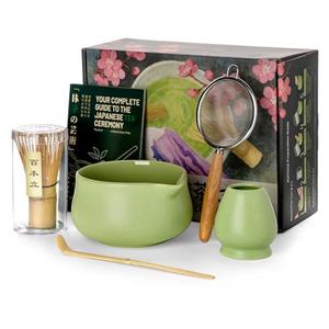 Nucookery Matcha Whisk Set - 5 Pcs Matcha Set with 18oz Ceramic Matcha Bowl (Chawan) with Spout, Bamboo Whisk & Holder, Scoop and Sifter | Complete Matcha Kit for Japanese Tea Ceremony