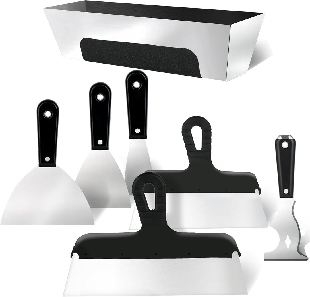 Drywall Knife Set, 7PCS Drywall Tools with Mud Pan, Stainless Steel 2 3 4 6 10 12 Knife Set Putty Knives, Taping Knives, Painter Scraper, 12 Mud Pan, Spackle Tool Kit for Repairing Work