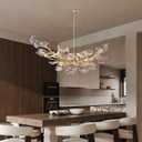 Modern Crystal Chandeliers for Dining Room - L55 inch Gold Tree Branches Ginkgo Leaf Chandelier for Living Room Kitchen Island, Rectangular High Ceiling Hanging Pendant Light Fixture