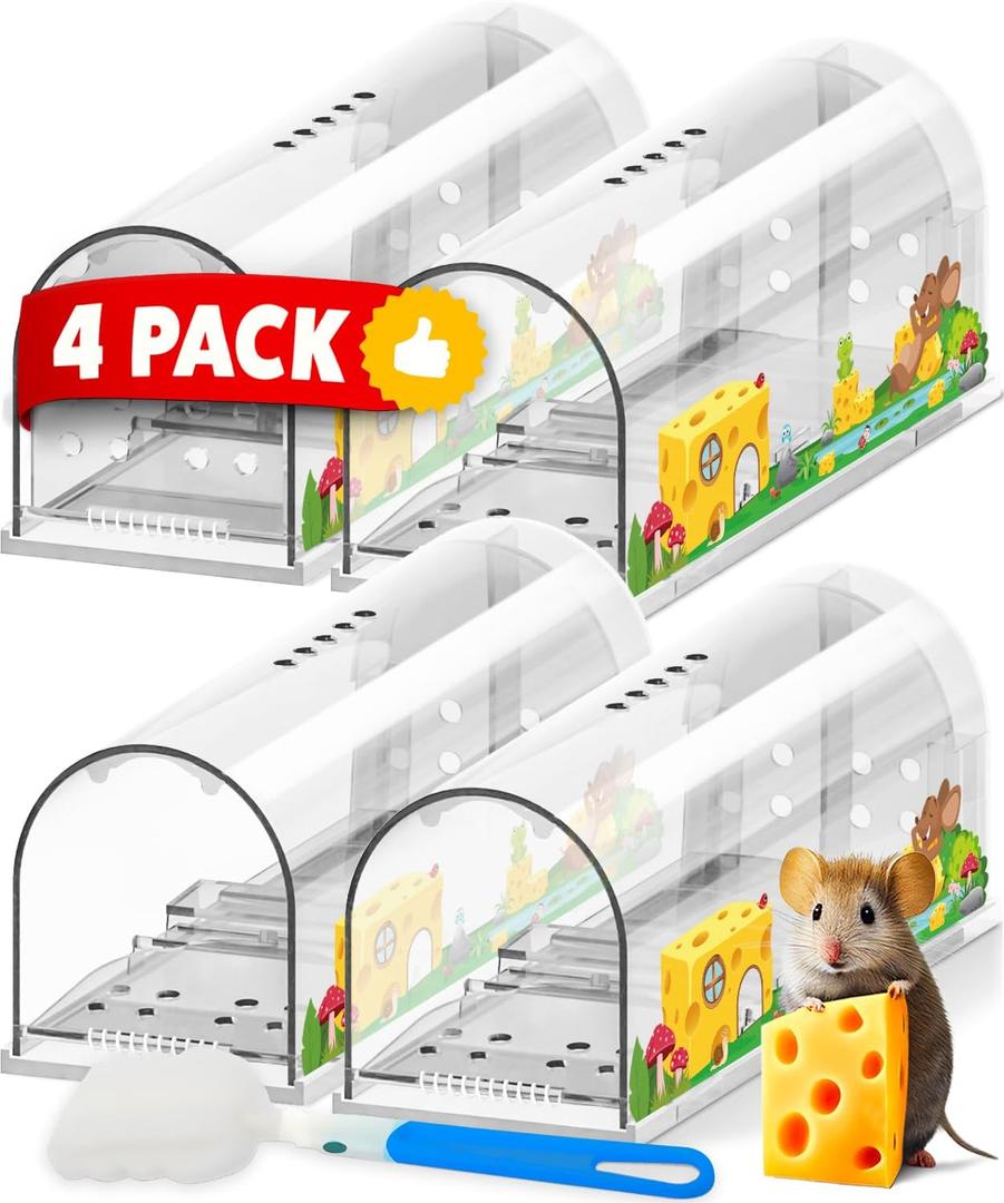 Motel Mouse Humane No Kill Live Catch and Release Mouse Traps, Reusable with Cleaning Brush - 4 Pack (Regular Cheese Sticker 4 Pack)