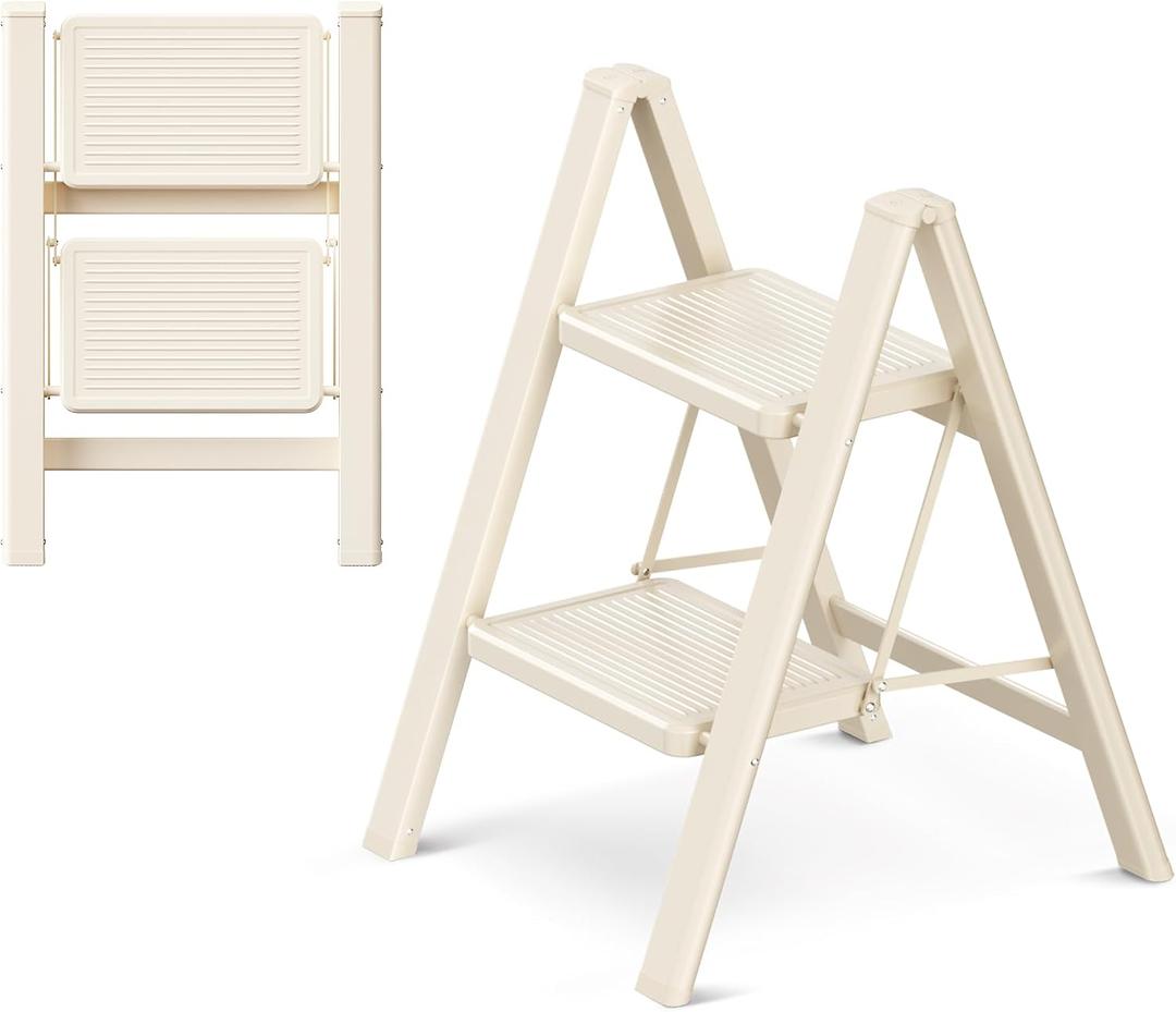 2 Step Ladder Folding Step Stool with Wide Anti-Slip Pedal, 330LBS Capacity, Lightweight Portable Stepladder for Home and Kitchen Use, Cream White