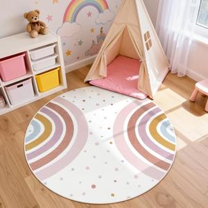 STARUIA Colorful Round Rug for Nursery, 4 Ft Rainbow Washable Rug for Playroom, Boho Kids Rug Non-Slip Soft Bedroom Carpet for Classroom Teepee Princess Castle (Morandi)