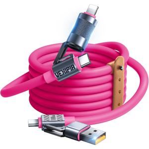 100W 4-in-1 USB C Cable Fast Charging [480Mbps Data Sync] Charger Cord, Multi Charging Cable with L/Type C/USB A Port, 5ft Pink (SHEZI Series) (5FT, Pink)