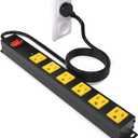 Heavy Duty 6 Outlet Metal Long Power Strip, 2700J Surge Protector with 15A Circuit Breaker, 6FT Extension Cord, Wall Mount for Garage, Workshop & Industrial Use, Wide Spaced (6ft)