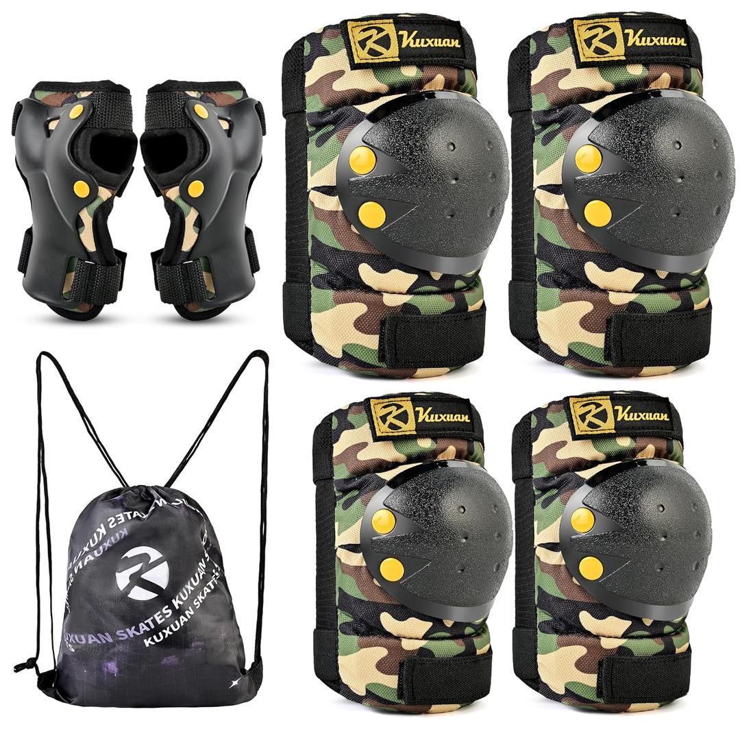 Kuxuan skates Knee Pads Elbow Pads Wrist Guards Set for Kids, Protective Gear Set for Boys Girls Skateboarding Roller Skating Cycling Scooter, Sand Camo with Drawstring Bag, Medium