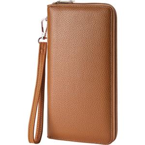 Chelmon Women's Vegan Leather Clutch Wallet with Zip, Hand Strap, Large Capacity (Genuine Leather Brown)