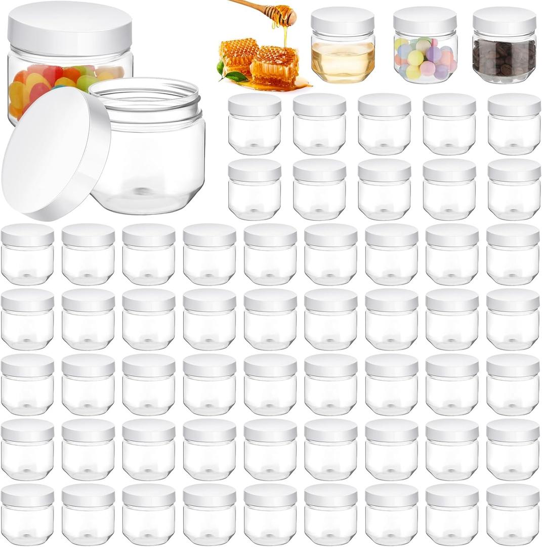 Tanlade 60 Pcs 3 oz Clear Plastic Jars with Lids Wide Mouth Mason Jars Mini Storage Containers Bulk for Herb Jelly Wedding Valentine Favors Shower Party Favors(White)