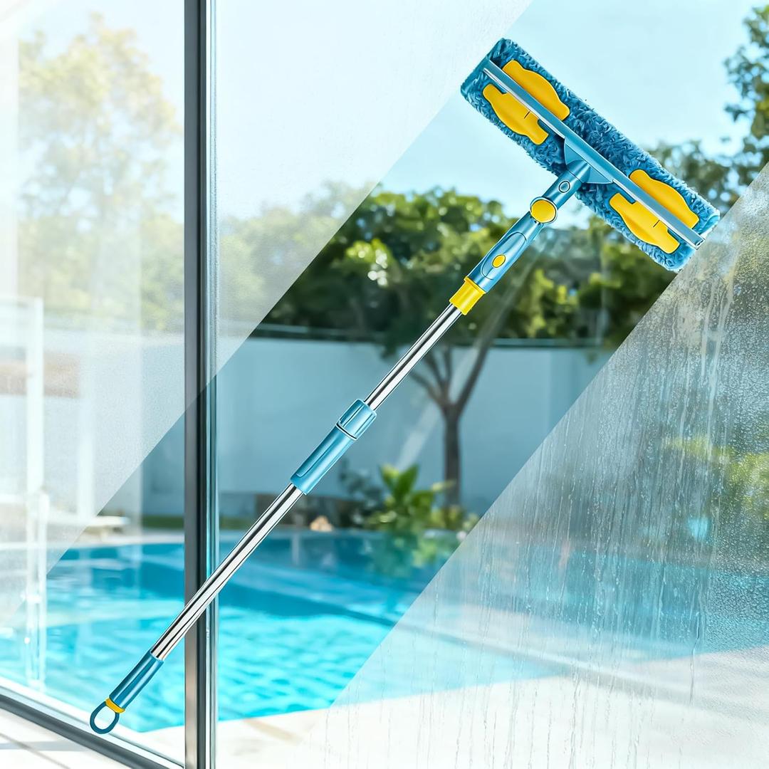Window Squeegee, 2-in-1 Window Cleaner with 60" Extension Poles, Window Washing Kit, Glass Door Cleaner, Multi-Use Car Windshield Cleaning Tool with Long Handle for High Outdoor Windows