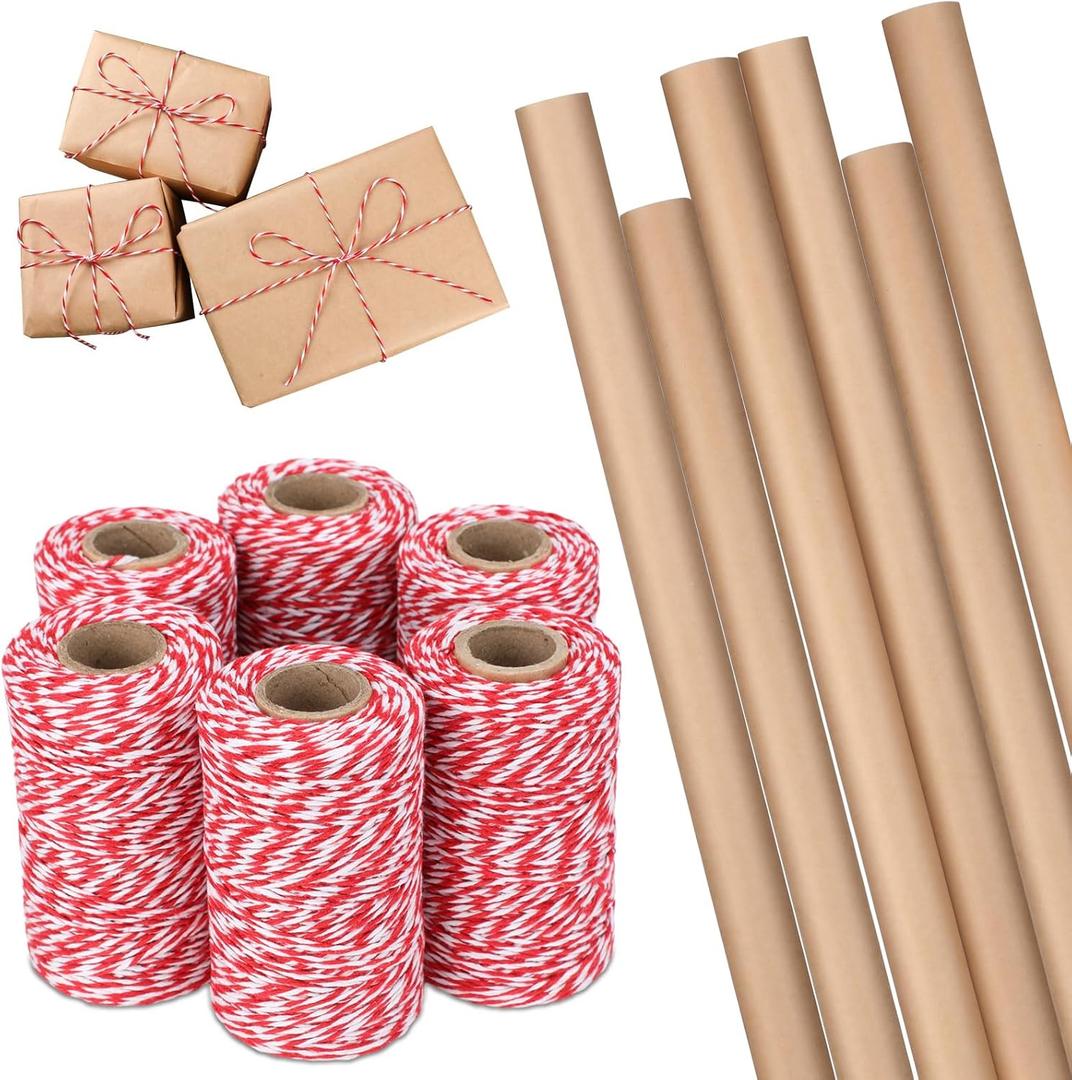 Watersay 6 Rolls Christmas Kraft Wrapping Paper Rolls and 6 Rolls Christmas Twine String Ribbon Brown Wrapping Paper 1968 Feet Colored Bakers Twine for Craft Christmas Holiday Gift Wrapping(Red, Green)