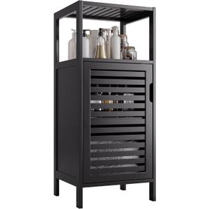 HITNET Bamboo Floor Cabinet, Small Bathroom Cabinet Floor Standing, 4 Tier Narrow Side Storage Cabinet, Space Saving Kitchen Cupboard with Single Door, Black
