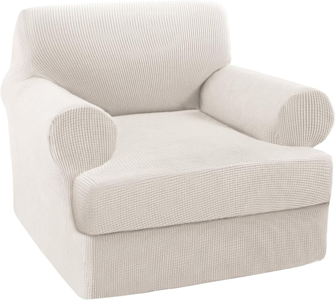 Turquoize T Cushion Chair Slipcover Armchair Slipcover for Living Room Stretch Sofa Couch Cover Soft Armchair Cover Furniture Covers with Individual T Cushion Seat Covers (Chair, Ivory)