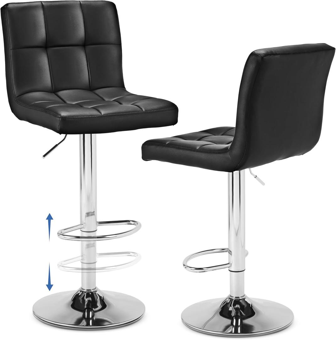 NEWBULIG Bar Stools Set of 2, Counter Height Barstools,Square Seat Cushion Barstool with Back, Height Adjustable PU Leather Swivel Barstool with Footrests for Kitchen,Island,Cafe,Pub,Black