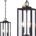 Large Outdoor Pendant Light 2-Light, 15'' Dusk to Dawn Modern Black Metal Outside Chandelier Exterior Hanging Fixture Ceiling Mount with Clear Glass for Front Porch Entrance Foyer Entryway, 1 Pack (Dusk to Dawn Sensor)