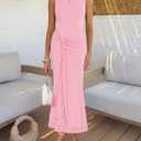 ZESICA Women's Summer Sleeveless Bodycon Dress 2026 Crewneck Ruched Sexy Mesh Wedding Guest Cocktail Party Maxi Dresses (Pink, 2XL)