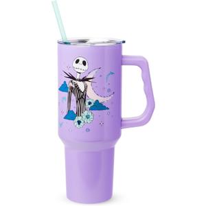 Silver Buffalo Disney Nightmare Before Christmas by Tim Burton Jack Skellington Double Walled Stainless Steel Tumbler with Handle and Straw, Fits in Standard Cup Holder, 40 Ounces