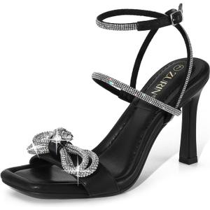ZURIN Women's Rhinestone Bow Heels Square Toe Strappy Heeled Sandals Sparkle Stiletto High Heels Dress Party Evening Prom Crystal Shoes, Size: 11