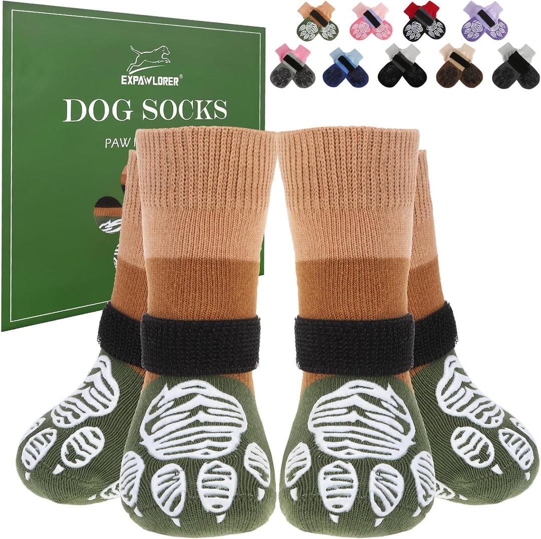 EXPAWLORER Anti Slip Dog Socks to Prevent Licking Paws, Dog Shoes for Cold Winter, Dog Booties for Hardwood Floors, Dog Boots & Paw Protectors with Grippers for LargeSenior Dogs L (Khaki Green)