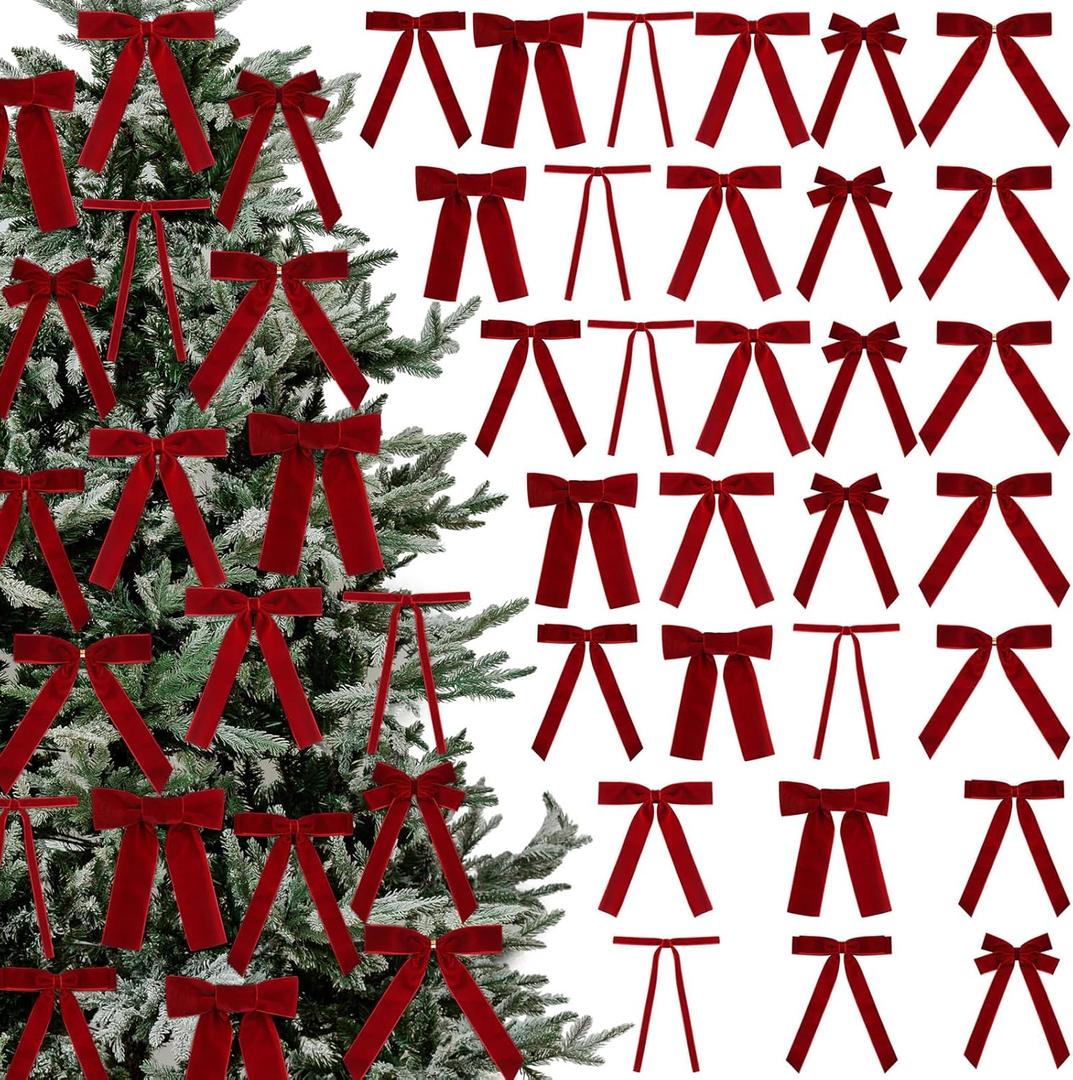 30 Pcs Christmas Velvet Ribbon Bows 6.7 Inches Vintage Xmas Tree Bow Decorations for Gifts Christmas Tree Wreath Home Door Cabinets Furniture Kitchen Party Decor(Burgundy)