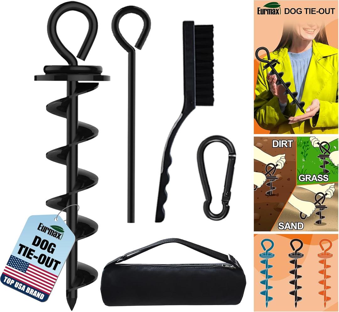 Eurmax USA Heavy Duty Dog Tie Out Stake for Large Dogs up to 210 lbs,Dog Stakes for Outside,Ground Anchor for Dog Leash,Runner Cable, and Pet Gadget Dog Accessories Trampoline Stakes 1-Pack (Black)