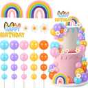 63 Pcs Cake Toppers with Balls Daisy Rainbow Cake Topper, Blue Cake Topper Pastel Cupcake Toppers Cake Decorations for Birthday Wedding Groovy Party Supplies