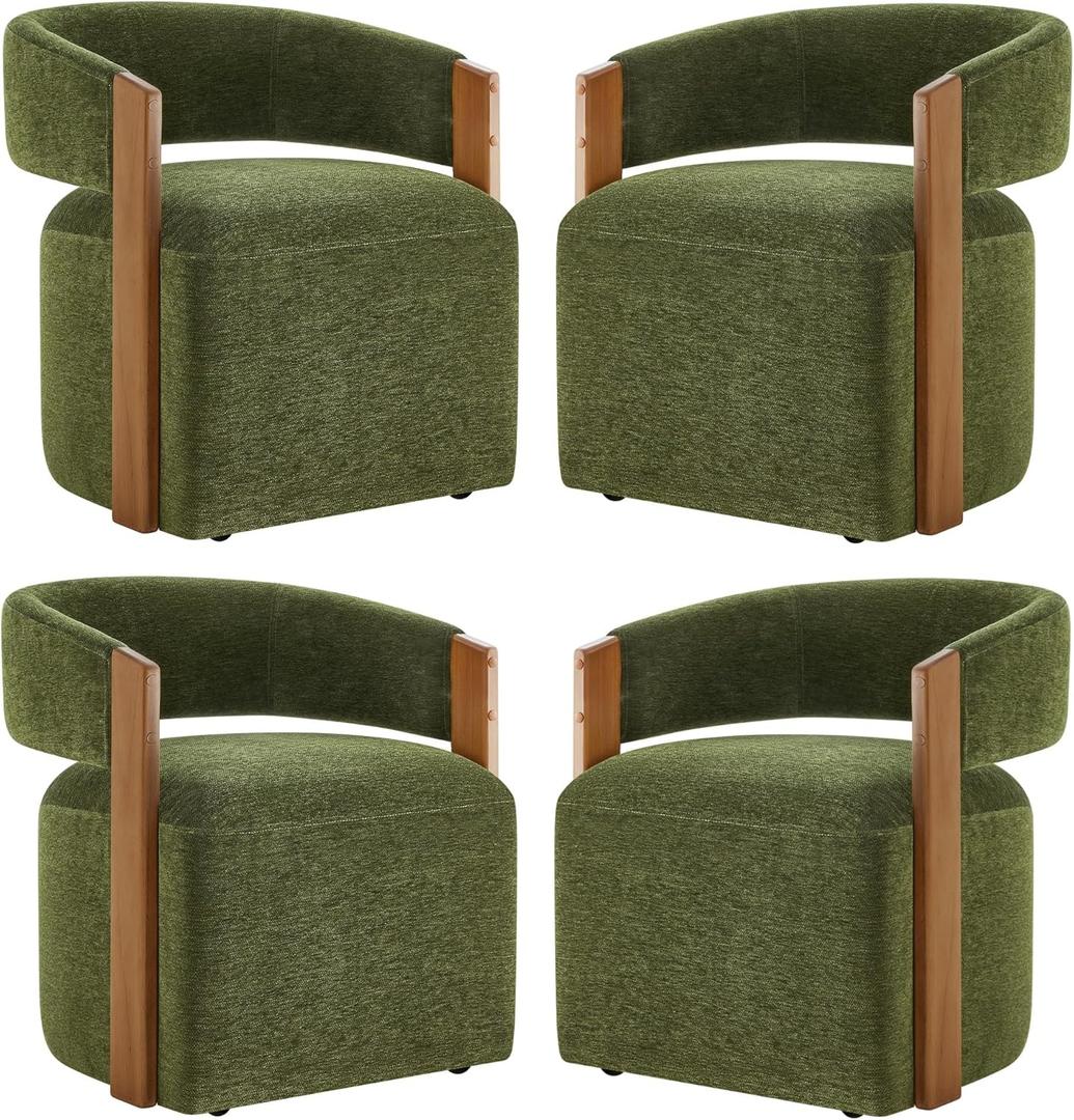 KISLOT Upholstered Dining Chairs with Casters, Modern Barrel Side Armchair with Rollers & Wooden Armrest for Dining Room, Bedroom, Kitchen, Reading Room, Green,