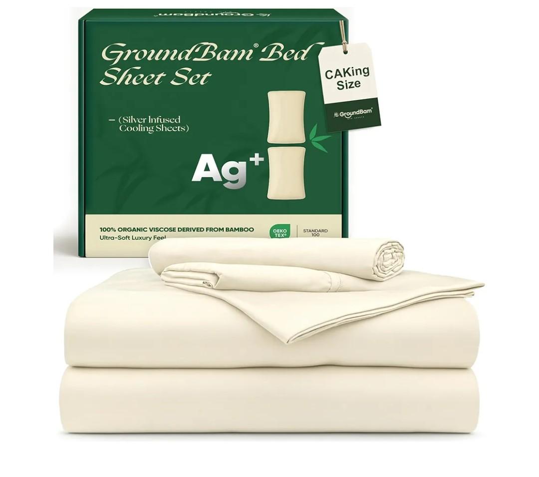GroundBam Silver Infused Bed Sheets Set, (White, CA King)