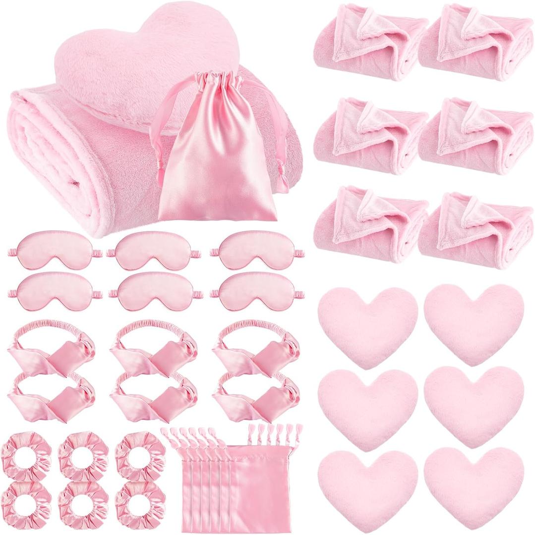 36 Pcs Sleepover Party Supplies for Girls Throw Blanket Heart Pillows Headband Eye Mask Bag for Spa Slumber Party (Pink)