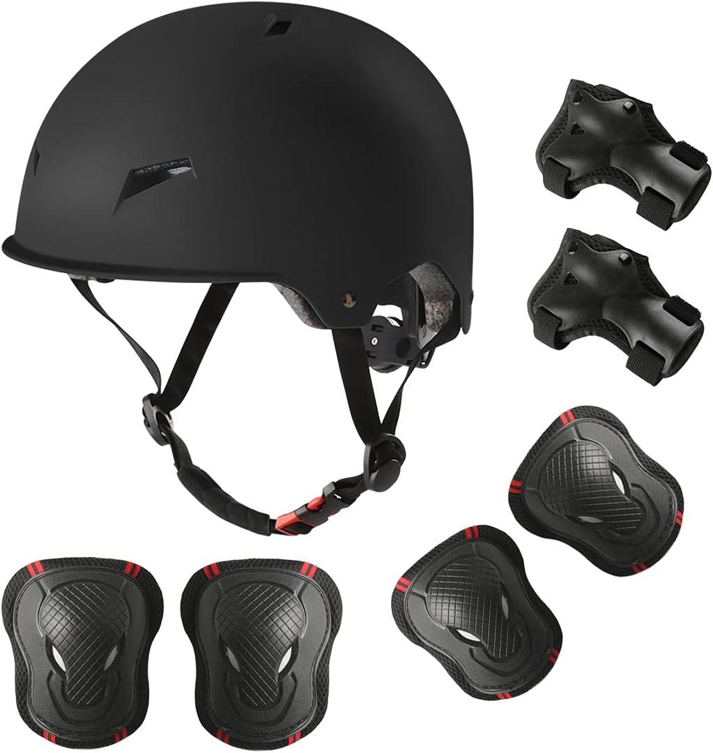 Skateboard Bike Helmet for Adults Adjustable Knee Elbow Pads Wrist Guards Protective Gear Helmets Set Teens for Bicycle Cycling Skate Scooter Bicycle Helmet, Large