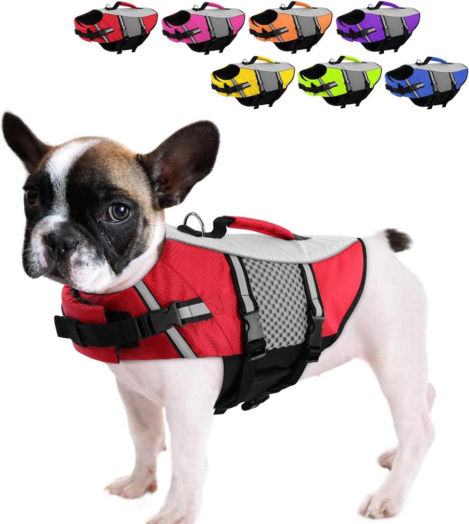 Queenmore Dog Life Jacket Swimming Vest Small Medium Dogs Neoprene Life Vest Lightweight Reflective Dog Lifesaver for Boating Kayaking Red, S