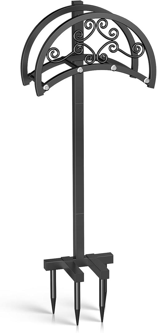 OLV Garden Hose Holder, Heavy Duty Metal Outdoor Water Hose Holder Freestanding Stake with 4 Spikes Holds 150-ft Pipe, Detachable Decorative Hose Stand Hanger Rack for Outside Yard Lawn Farm