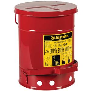 Justrite 6 Gallon Galvanized Steel Oily Waste Can, 16" x 12" Metal Oil Rag Safety Can With Foot Operated Self-Closing Lid for Oil Rag Disposal, Made in the USA, Red, 09100