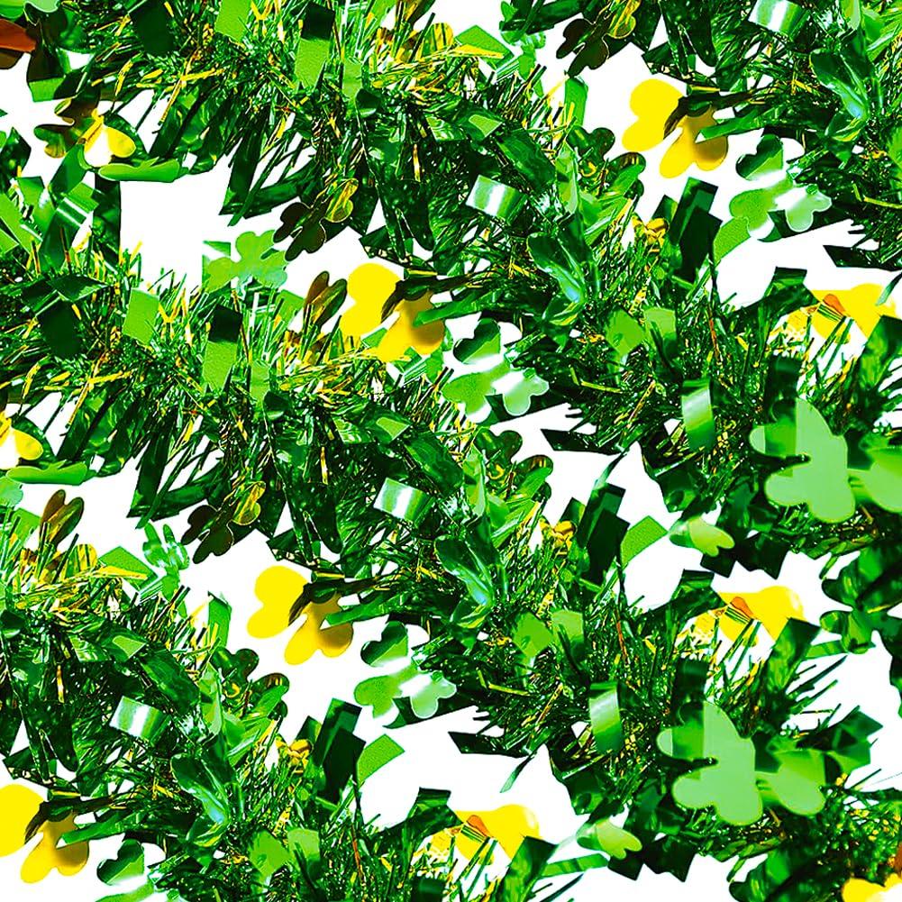 33FT Glitter St.Patrick's Day Tinsel Garland Decorations Green & Gold Shamrock Clover Metallic Twist Shamrock Garland for Irish Festival Party Tree Mantle Office Parade Floats Ornaments