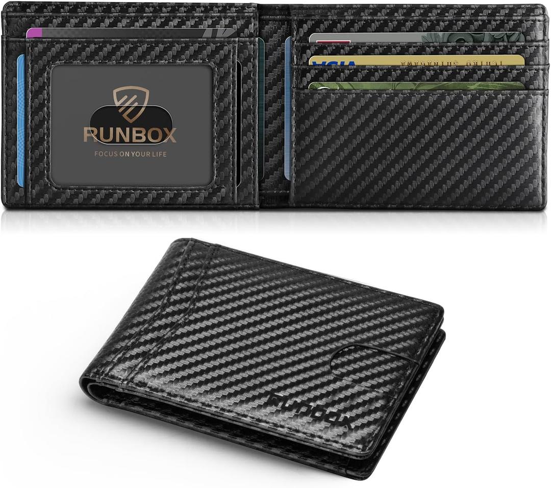 RUNBOX Wallet for Men Slim Leather Bifold RFID Blocking Minimalist Front Pocket Design with Gift Box (Carbon Black(one-pocket))