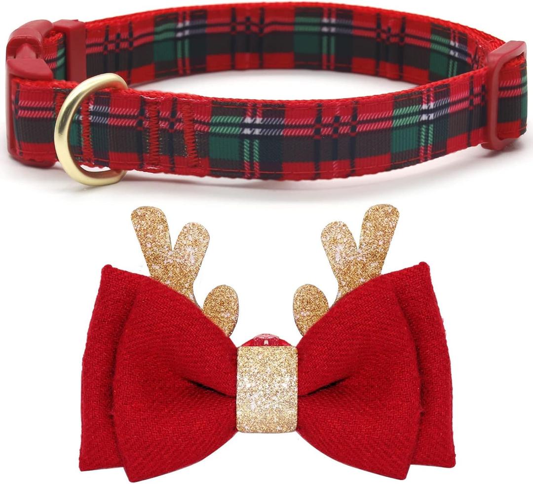 azuza Christmas Dog Collar, Plaid Dog Collar and Cute Glitter Reindeer Antler with Bowtie, Soft & Comfy Xmas Dog Collars, for Small Dogs (XS - Neck:8-12 inch)