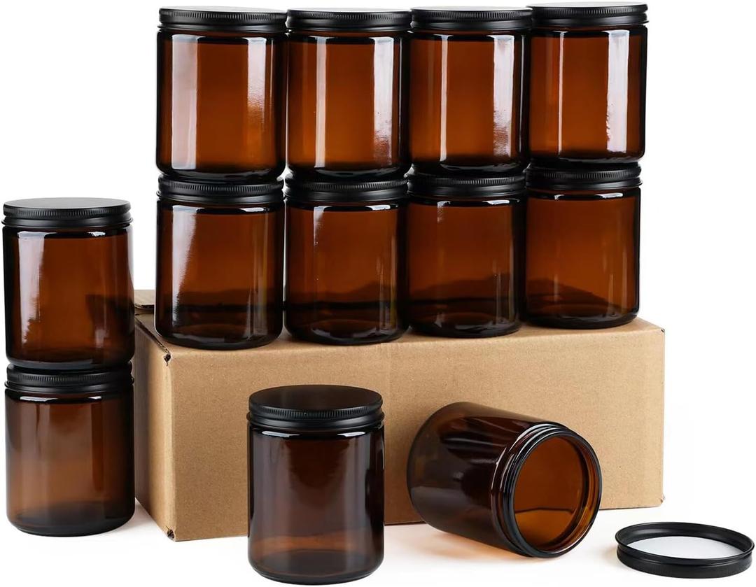 Goiio 6 Pack Amber Glass Jars, 8 Oz Thick Amber Round Glass Jars, with Black Metal Lids, for Spice, Liquid, Sample, Leakproof and Dishwasher Safe