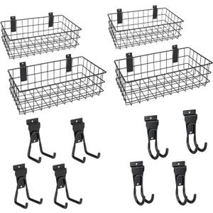12 Pack Slatwall Organizer Kit with 4 PCs Slatwall Baskets (10.5 to 13.5 Inches) and 8 PCs Slat Wall Hooks Heavy Duty, Black Steel Slatwall Accessory for Garage, Retail Display and Home Storage