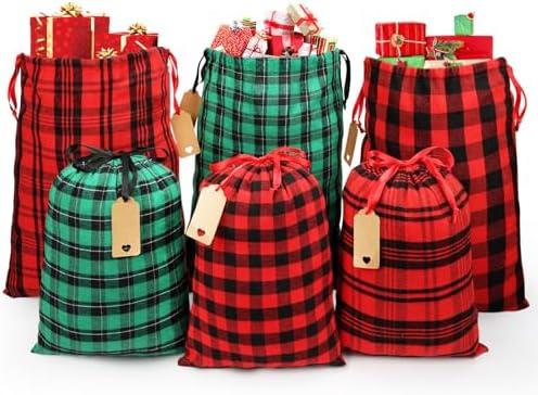 JOINDO 6 pcs Cloth Christmas Gift Bags, Buffalo Plaid Pattern, 2 Medium Size (15 x 20 & 12 x 15), Drawstring Design, 100% Cotton
